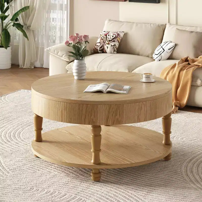 GDFStudio Navia Table Basse Ronde Moderne en Bois de 31 po avec Rangement et Étagère