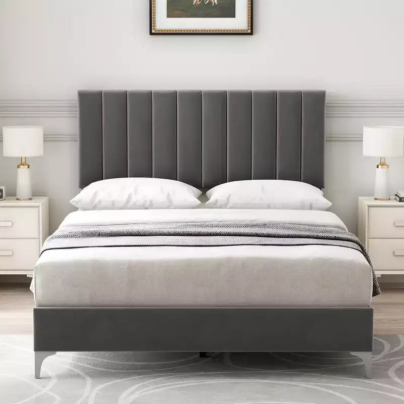 TROPOW Bed Frame with Velvet Headboard Adjustable, Bed Frame with Strong Wood Slats, Velvet Upholstered Platform, Noise-Free, No Box Spring Needed