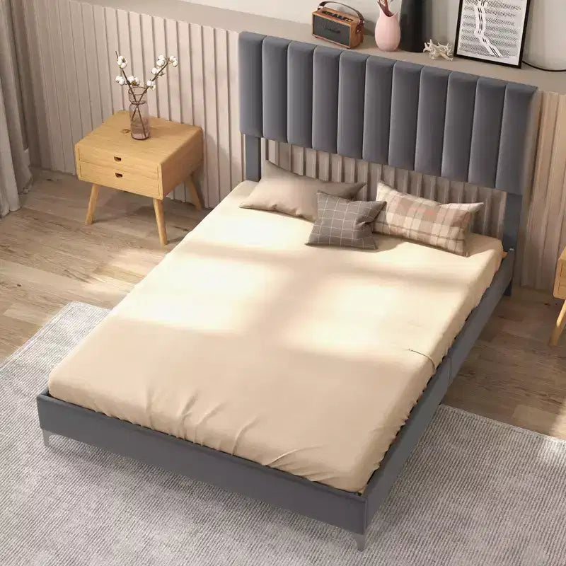 TROPOW Bed Frame with Velvet Headboard Adjustable, Bed Frame with Strong Wood Slats, Velvet Upholstered Platform, Noise-Free, No Box Spring Needed