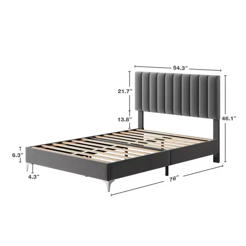 TROPOW Bed Frame with Velvet Headboard Adjustable, Bed Frame with Strong Wood Slats, Velvet Upholstered Platform, Noise-Free, No Box Spring Needed