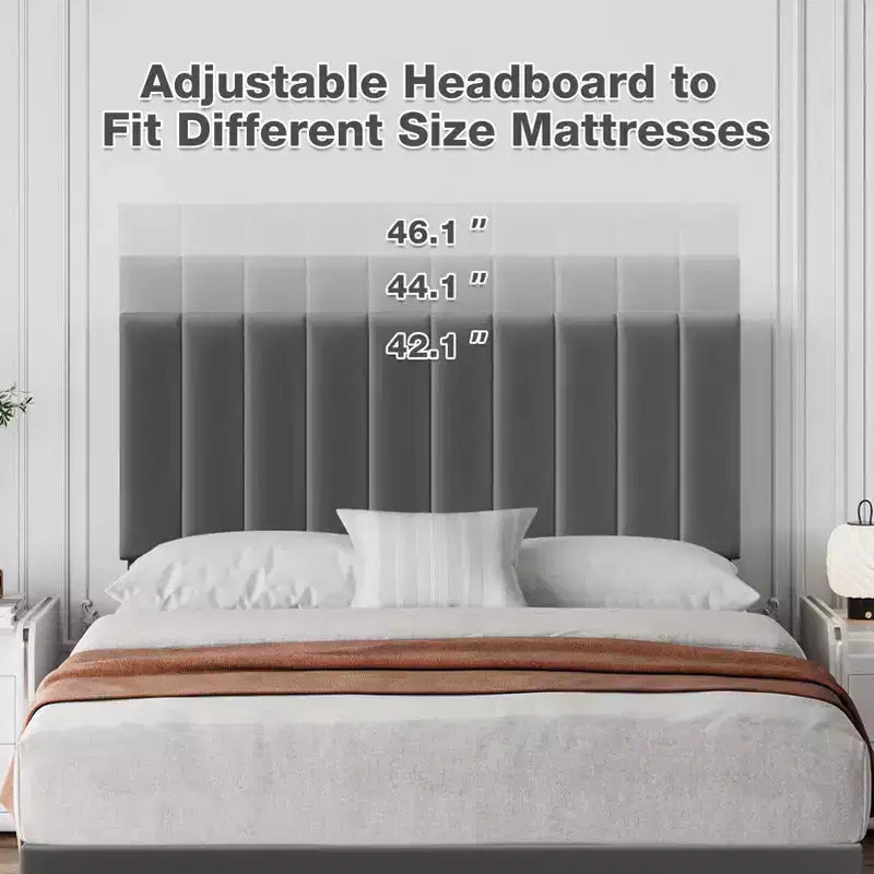 TROPOW Bed Frame with Velvet Headboard Adjustable, Bed Frame with Strong Wood Slats, Velvet Upholstered Platform, Noise-Free, No Box Spring Needed