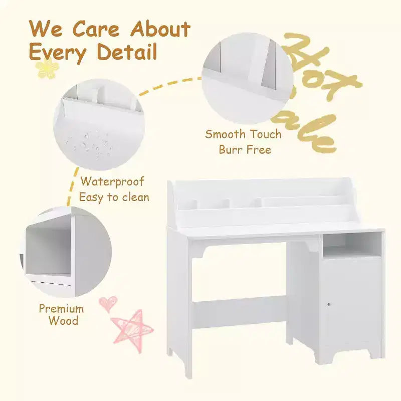 Acekool Kids Desk and Chair Set, Wooden Study Desk with Hutch, Storage Cabinet & Organizer, Student Computer Table for Bedroom