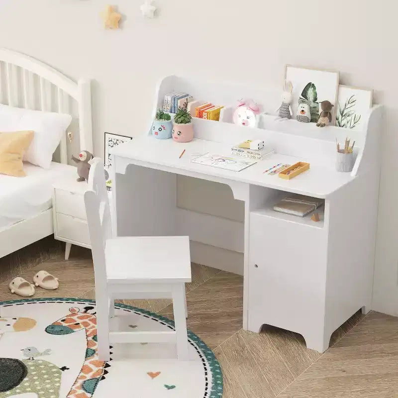Acekool Kids Desk and Chair Set, Wooden Study Desk with Hutch, Storage Cabinet & Organizer, Student Computer Table for Bedroom