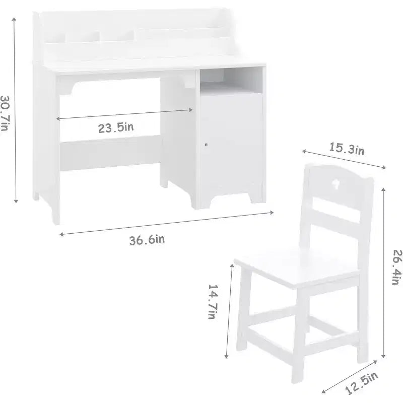 Acekool Kids Desk and Chair Set, Wooden Study Desk with Hutch, Storage Cabinet & Organizer, Student Computer Table for Bedroom