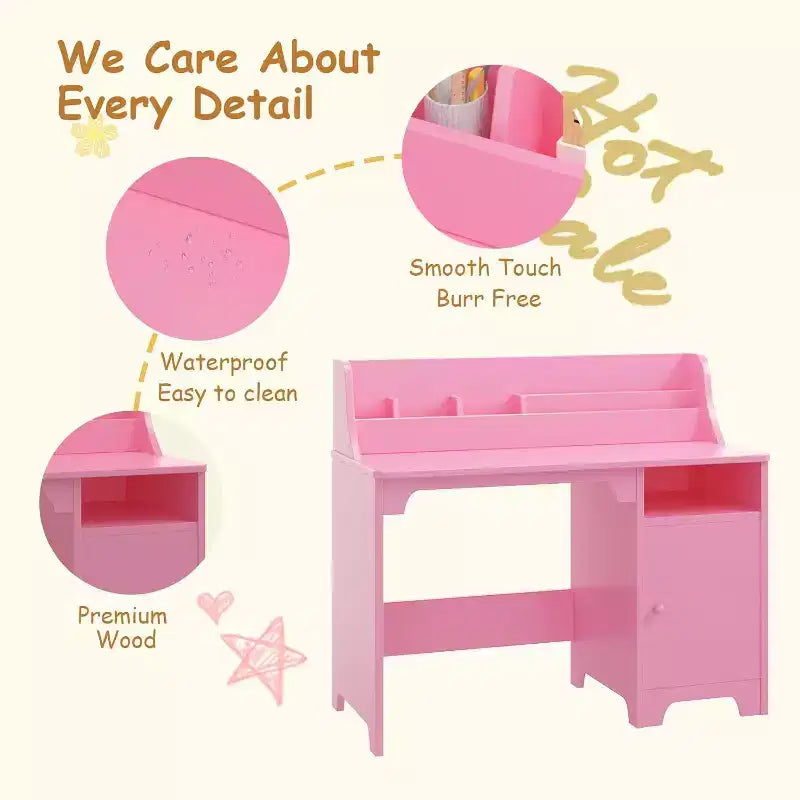 Acekool Kids Desk and Chair Set, Wooden Study Desk with Hutch, Storage Cabinet & Organizer, Student Computer Table for Bedroom