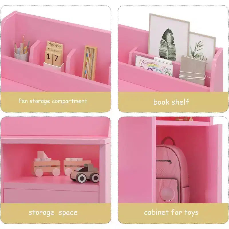 Acekool Kids Desk and Chair Set, Wooden Study Desk with Hutch, Storage Cabinet & Organizer, Student Computer Table for Bedroom