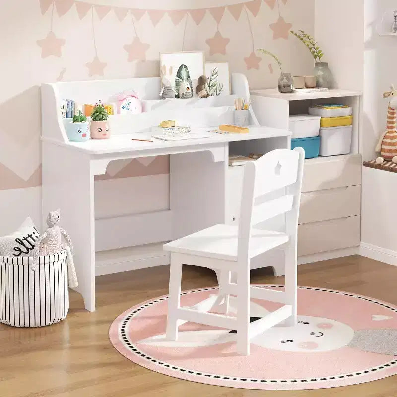 Acekool Kids Desk and Chair Set, Wooden Study Desk with Hutch, Storage Cabinet & Organizer, Student Computer Table for Bedroom