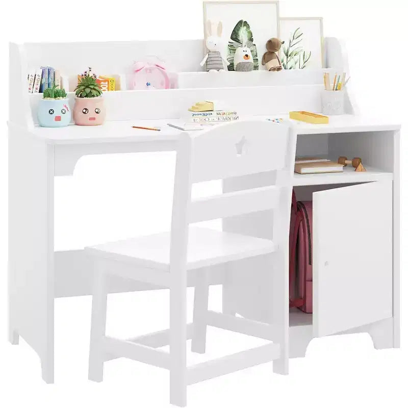 Acekool Kids Desk and Chair Set, Wooden Study Desk with Hutch, Storage Cabinet & Organizer, Student Computer Table for Bedroom