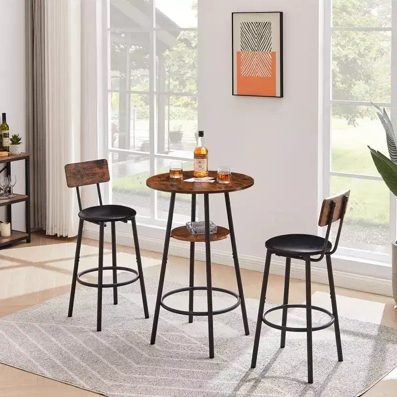 3-Piece Bar Stool Set for 2, Counter Bar Height Dining Set with 2 Padded Stool, Breakfast Table Set Bistro Dining Set, Rustic&Industrial - ModernLuxe