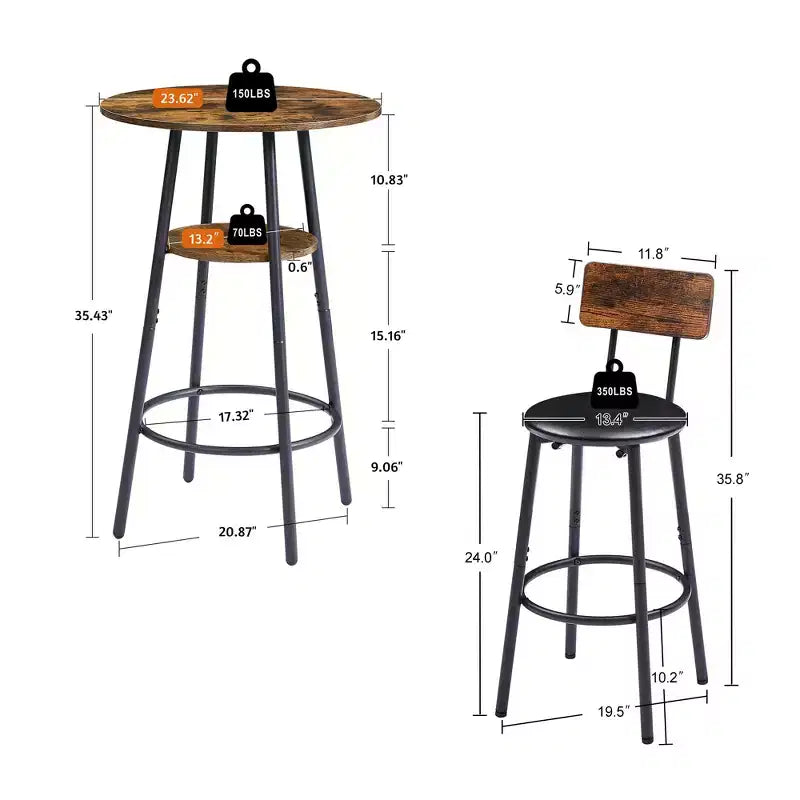 3-Piece Bar Stool Set for 2, Counter Bar Height Dining Set with 2 Padded Stool, Breakfast Table Set Bistro Dining Set, Rustic&Industrial - ModernLuxe
