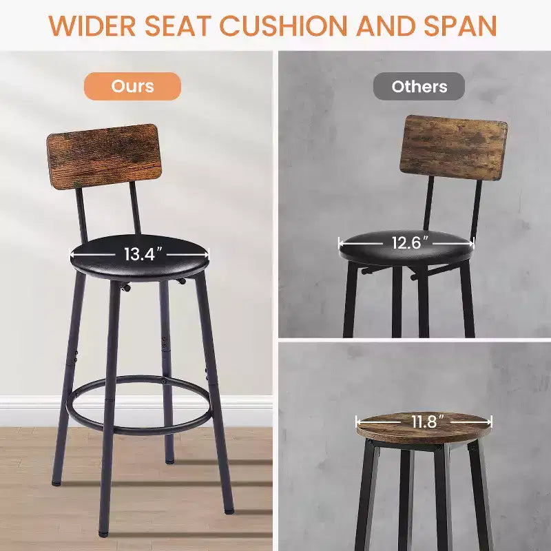 3-Piece Bar Stool Set for 2, Counter Bar Height Dining Set with 2 Padded Stool, Breakfast Table Set Bistro Dining Set, Rustic&Industrial - ModernLuxe