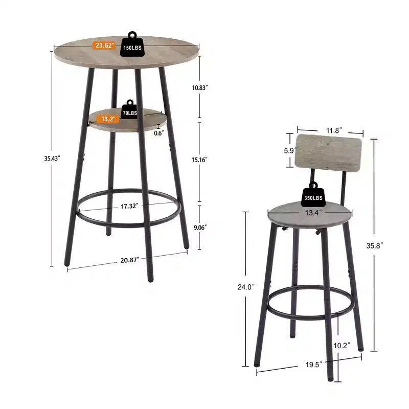 3-Piece Bar Stool Set for 2, Counter Bar Height Dining Set with 2 Padded Stool, Breakfast Table Set Bistro Dining Set, Rustic&Industrial - ModernLuxe