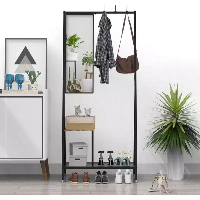 Modern Aluminum Entryway Set, 73-Inch Hall Tree with Mirror & Bench, Shoe Storage Shelves, Black/Brown Combo for Living Spaces