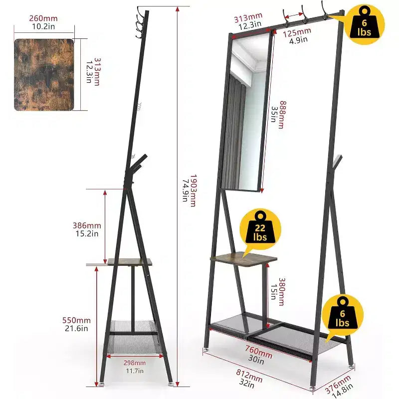 Modern Aluminum Entryway Set, 73-Inch Hall Tree with Mirror & Bench, Shoe Storage Shelves, Black/Brown Combo for Living Spaces