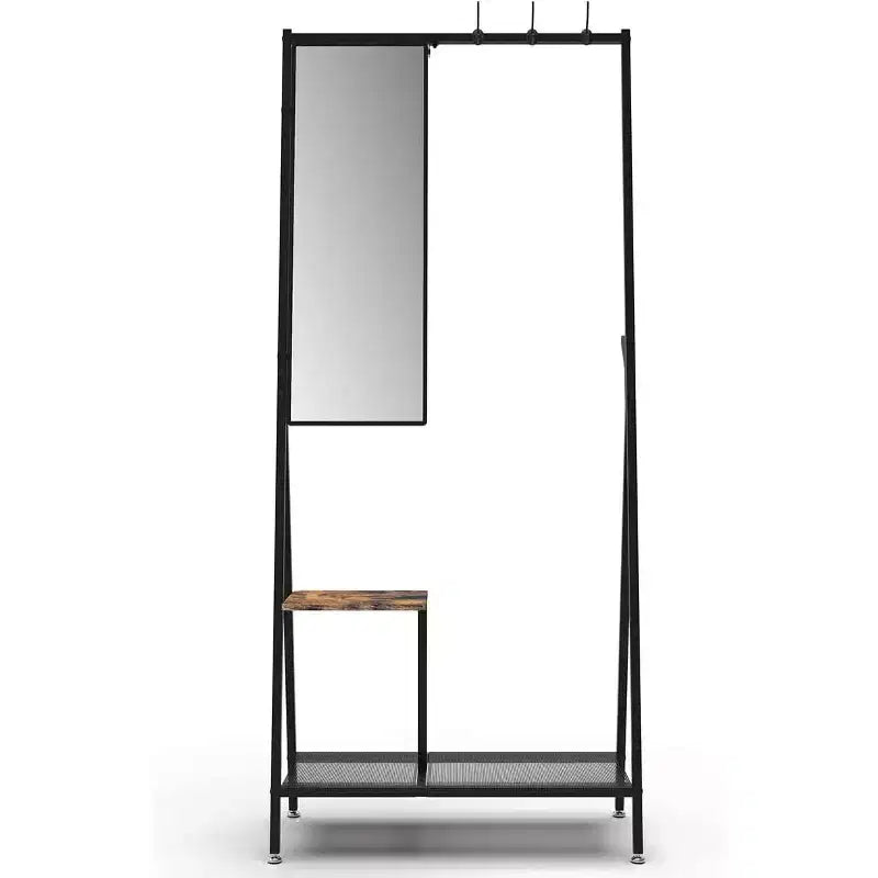 Modern Aluminum Entryway Set, 73-Inch Hall Tree with Mirror & Bench, Shoe Storage Shelves, Black/Brown Combo for Living Spaces