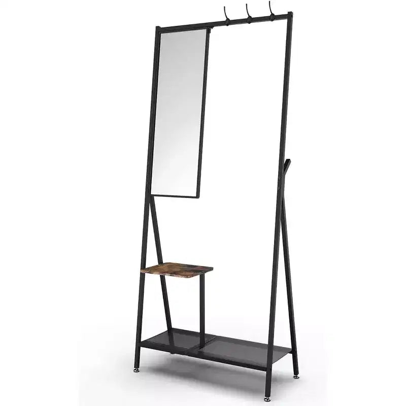 Modern Aluminum Entryway Set, 73-Inch Hall Tree with Mirror & Bench, Shoe Storage Shelves, Black/Brown Combo for Living Spaces