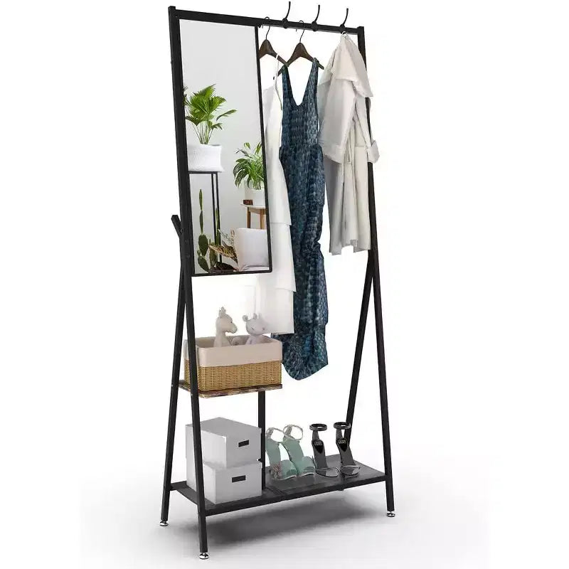 Modern Aluminum Entryway Set, 73-Inch Hall Tree with Mirror & Bench, Shoe Storage Shelves, Black/Brown Combo for Living Spaces