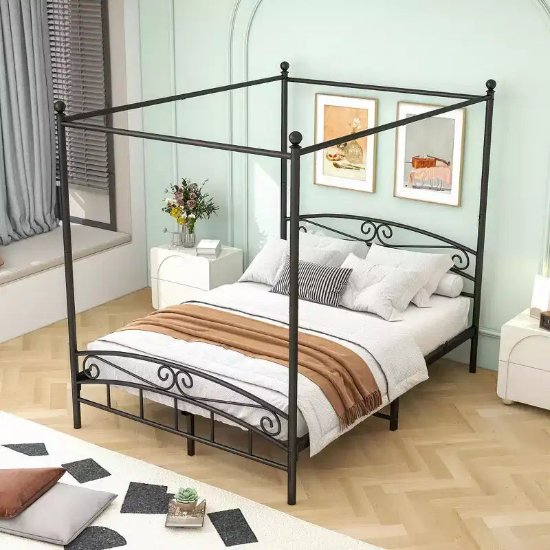 The Misty Moon Queen Size Metal Canopy Bed Frame with Headboard and Footboard Black