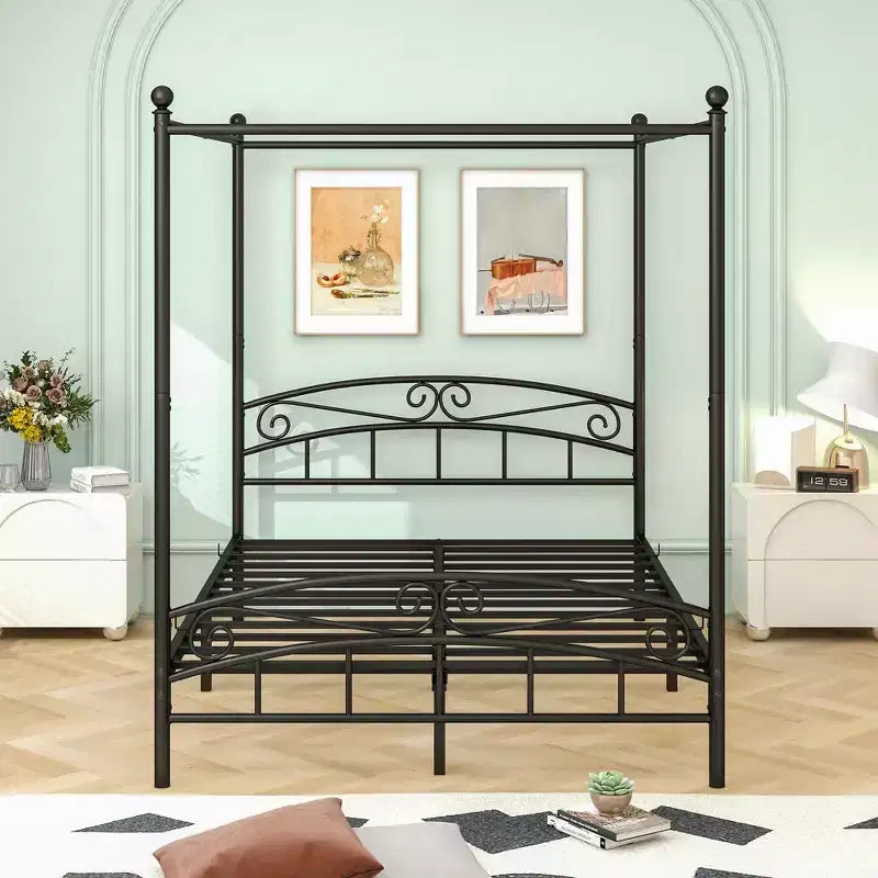 The Misty Moon Queen Size Metal Canopy Bed Frame with Headboard and Footboard Black