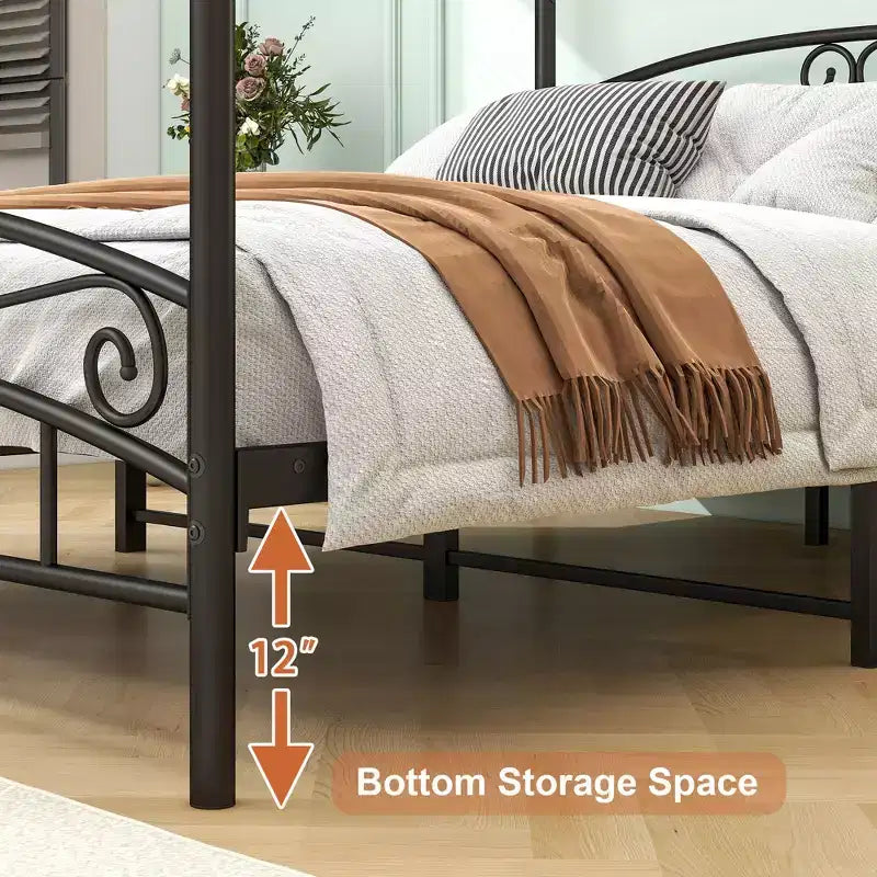 The Misty Moon Queen Size Metal Canopy Bed Frame with Headboard and Footboard Black