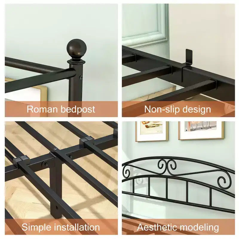 The Misty Moon Queen Size Metal Canopy Bed Frame with Headboard and Footboard Black
