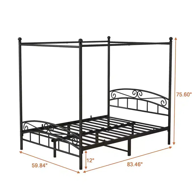 The Misty Moon Queen Size Metal Canopy Bed Frame with Headboard and Footboard Black