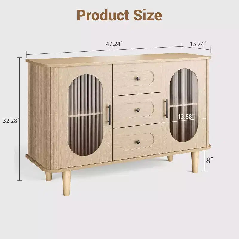47-Inch Sideboard Buffet Cabinet with Fluted Glass Doors and Three Drawers, Adjustable Shelves, Modern Mid-Century Credenza, Storage Solution
