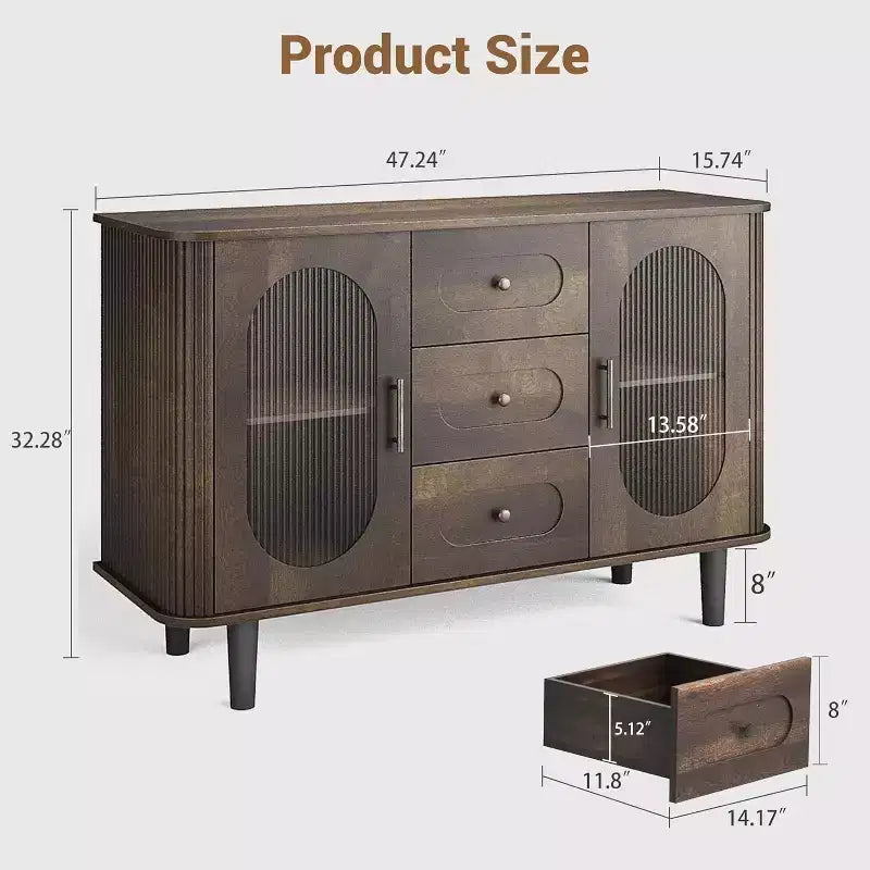 47-Inch Sideboard Buffet Cabinet with Fluted Glass Doors and Three Drawers, Adjustable Shelves, Modern Mid-Century Credenza, Storage Solution