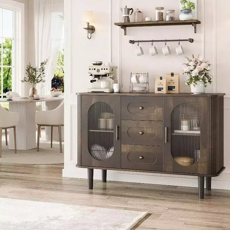 47-Inch Sideboard Buffet Cabinet with Fluted Glass Doors and Three Drawers, Adjustable Shelves, Modern Mid-Century Credenza, Storage Solution