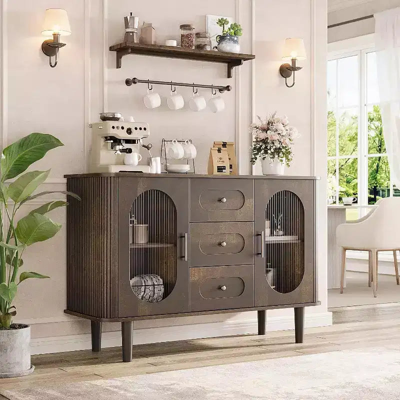 47-Inch Sideboard Buffet Cabinet with Fluted Glass Doors and Three Drawers, Adjustable Shelves, Modern Mid-Century Credenza, Storage Solution