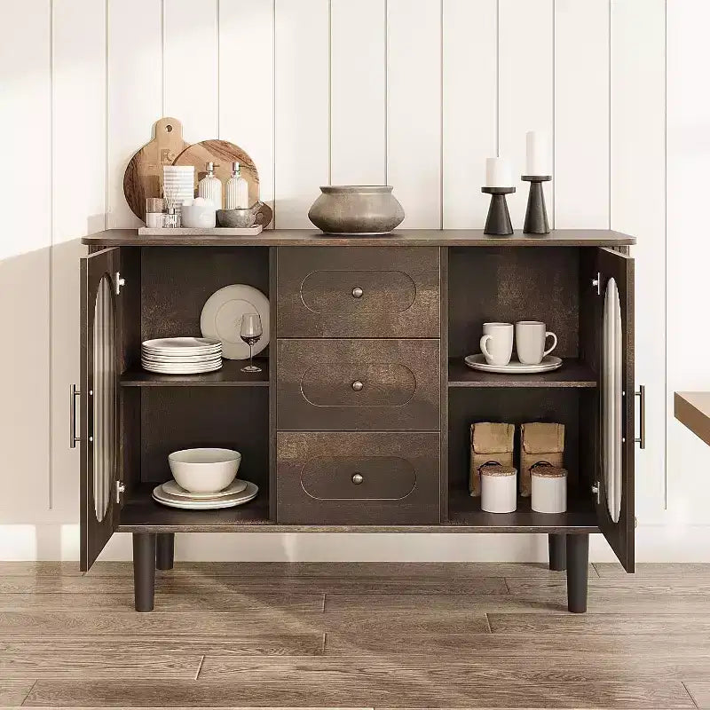 47-Inch Sideboard Buffet Cabinet with Fluted Glass Doors and Three Drawers, Adjustable Shelves, Modern Mid-Century Credenza, Storage Solution