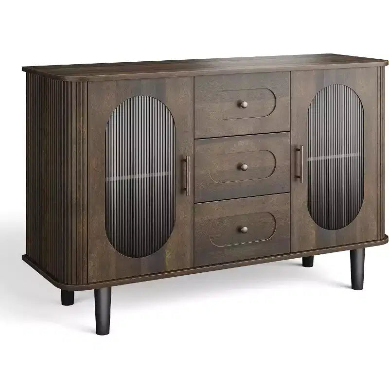 47-Inch Sideboard Buffet Cabinet with Fluted Glass Doors and Three Drawers, Adjustable Shelves, Modern Mid-Century Credenza, Storage Solution