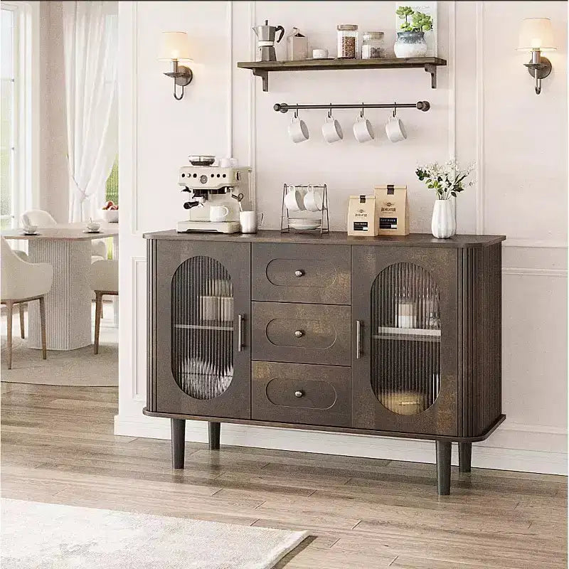 47-Inch Sideboard Buffet Cabinet with Fluted Glass Doors and Three Drawers, Adjustable Shelves, Modern Mid-Century Credenza, Storage Solution