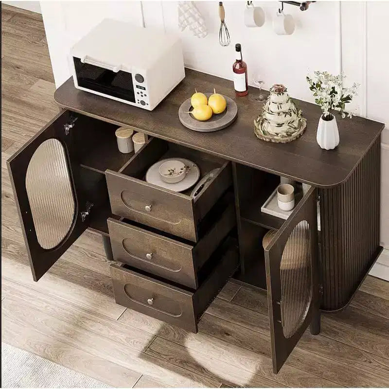 47-Inch Sideboard Buffet Cabinet with Fluted Glass Doors and Three Drawers, Adjustable Shelves, Modern Mid-Century Credenza, Storage Solution