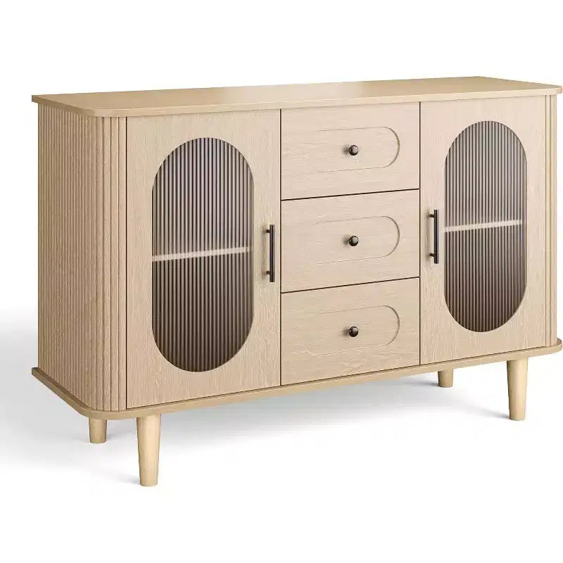 47-Inch Sideboard Buffet Cabinet with Fluted Glass Doors and Three Drawers, Adjustable Shelves, Modern Mid-Century Credenza, Storage Solution
