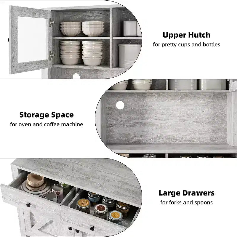 Freestanding Kitchen Pantry Cabinet with Microwave Stand, Tall Hutch Cabinet with Buffet Cupboard, Adjustable Shelves Storage for Dining Room