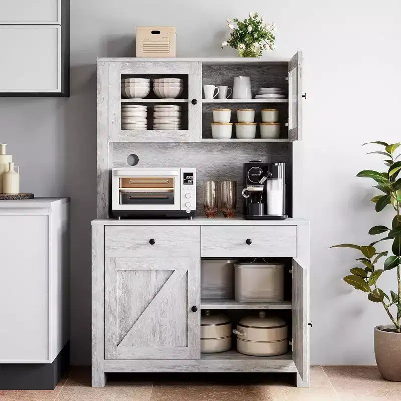 Freestanding Kitchen Pantry Cabinet with Microwave Stand, Tall Hutch Cabinet with Buffet Cupboard, Adjustable Shelves Storage for Dining Room