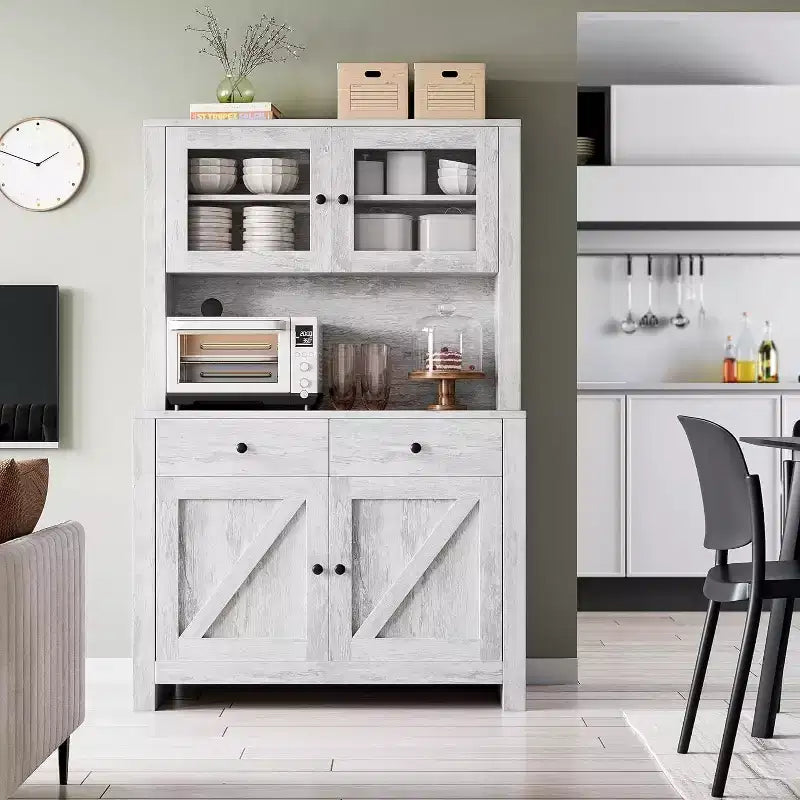 Freestanding Kitchen Pantry Cabinet with Microwave Stand, Tall Hutch Cabinet with Buffet Cupboard, Adjustable Shelves Storage for Dining Room