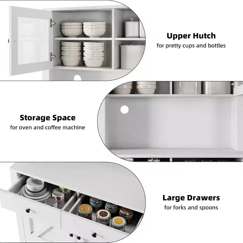 Freestanding Kitchen Pantry Cabinet with Microwave Stand, Tall Hutch Cabinet with Buffet Cupboard, Adjustable Shelves Storage for Dining Room