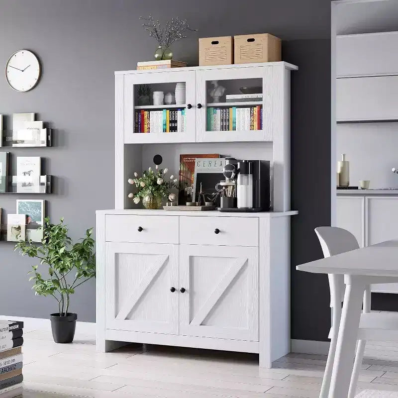 Freestanding Kitchen Pantry Cabinet with Microwave Stand, Tall Hutch Cabinet with Buffet Cupboard, Adjustable Shelves Storage for Dining Room