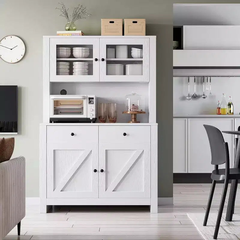 Freestanding Kitchen Pantry Cabinet with Microwave Stand, Tall Hutch Cabinet with Buffet Cupboard, Adjustable Shelves Storage for Dining Room