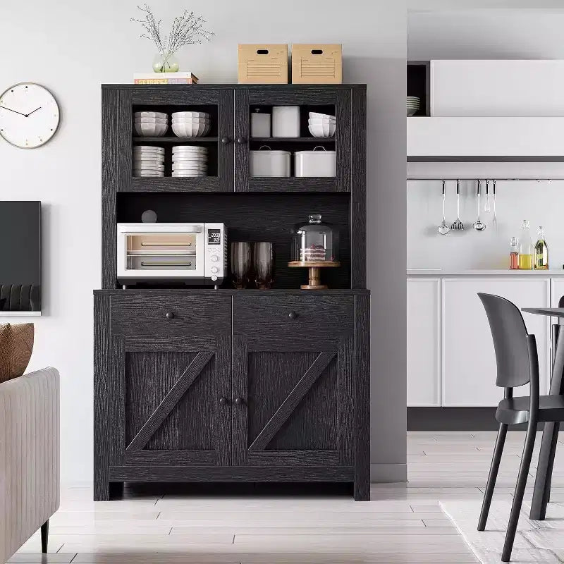 Freestanding Kitchen Pantry Cabinet with Microwave Stand, Tall Hutch Cabinet with Buffet Cupboard, Adjustable Shelves Storage for Dining Room