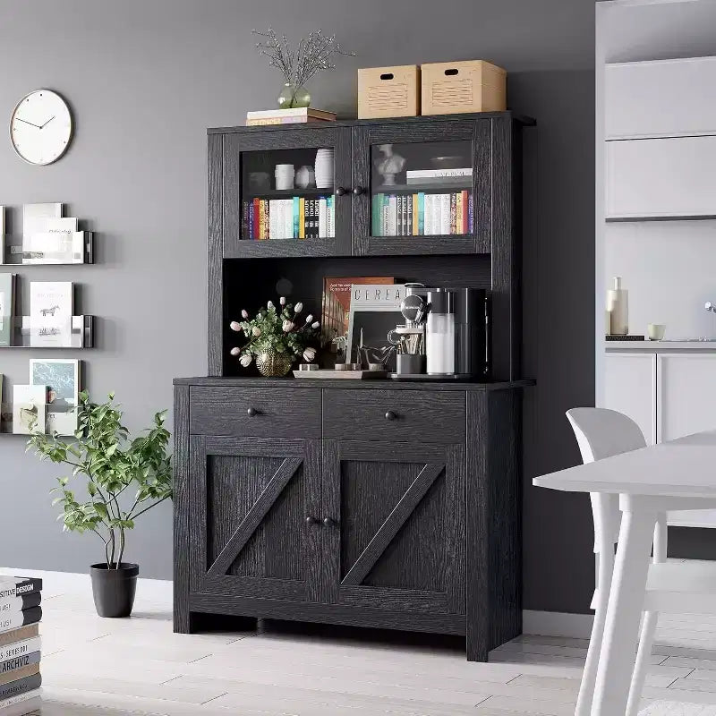 Freestanding Kitchen Pantry Cabinet with Microwave Stand, Tall Hutch Cabinet with Buffet Cupboard, Adjustable Shelves Storage for Dining Room