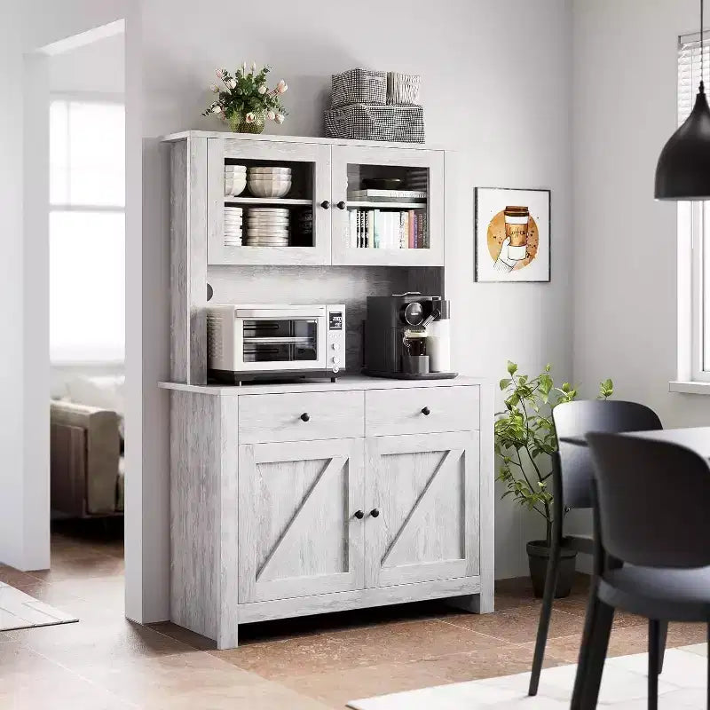 Freestanding Kitchen Pantry Cabinet with Microwave Stand, Tall Hutch Cabinet with Buffet Cupboard, Adjustable Shelves Storage for Dining Room