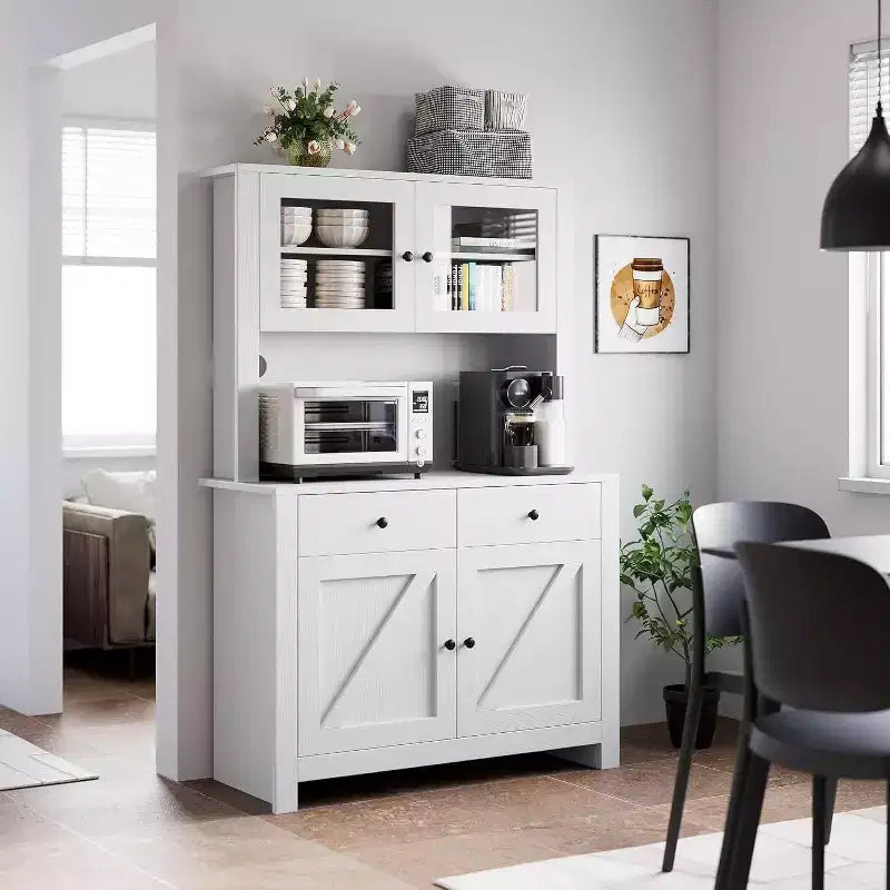 Freestanding Kitchen Pantry Cabinet with Microwave Stand, Tall Hutch Cabinet with Buffet Cupboard, Adjustable Shelves Storage for Dining Room