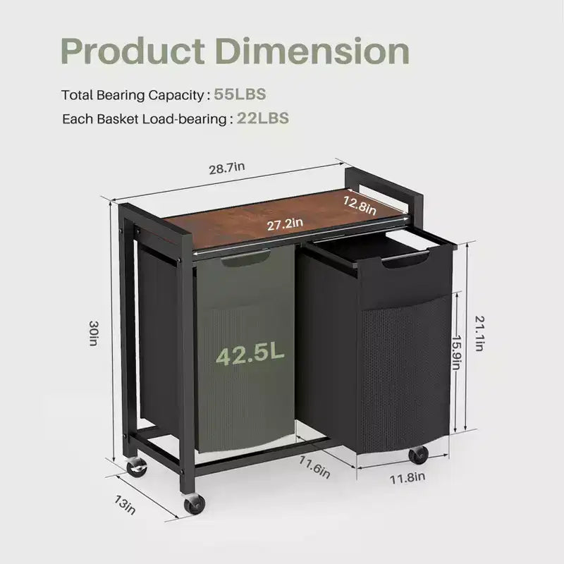 2-Bag Laundry Sorter Hamper with Removable Waterproof Bags and Shelf, Rolling Wheels or Adjustable Feet, 22.4 Gal Storage Organizer