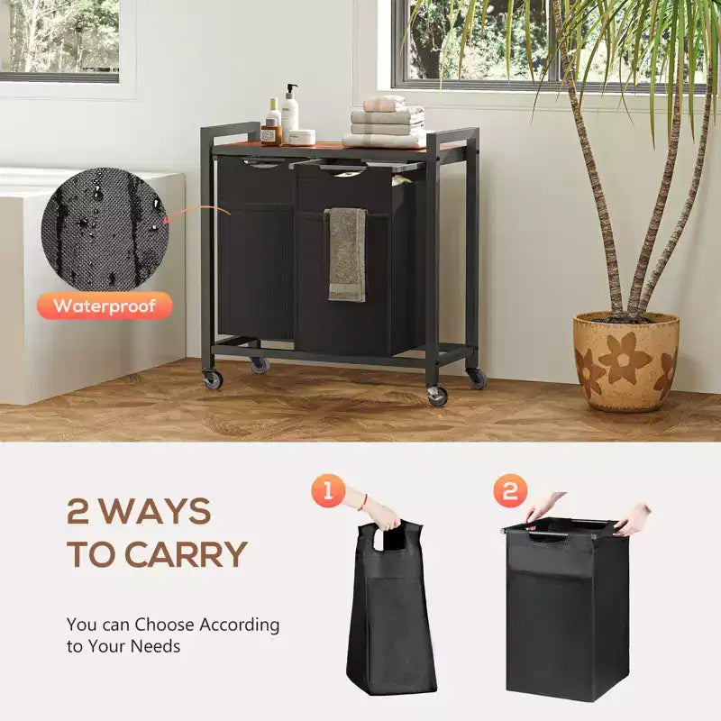 2-Bag Laundry Sorter Hamper with Removable Waterproof Bags and Shelf, Rolling Wheels or Adjustable Feet, 22.4 Gal Storage Organizer