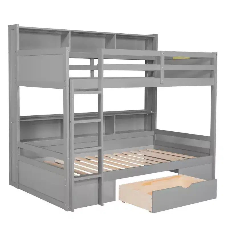 Whisen Twin Size Bunk Bed with Built-in Shelves Beside both Upper and Down Bed and Storage Drawer
