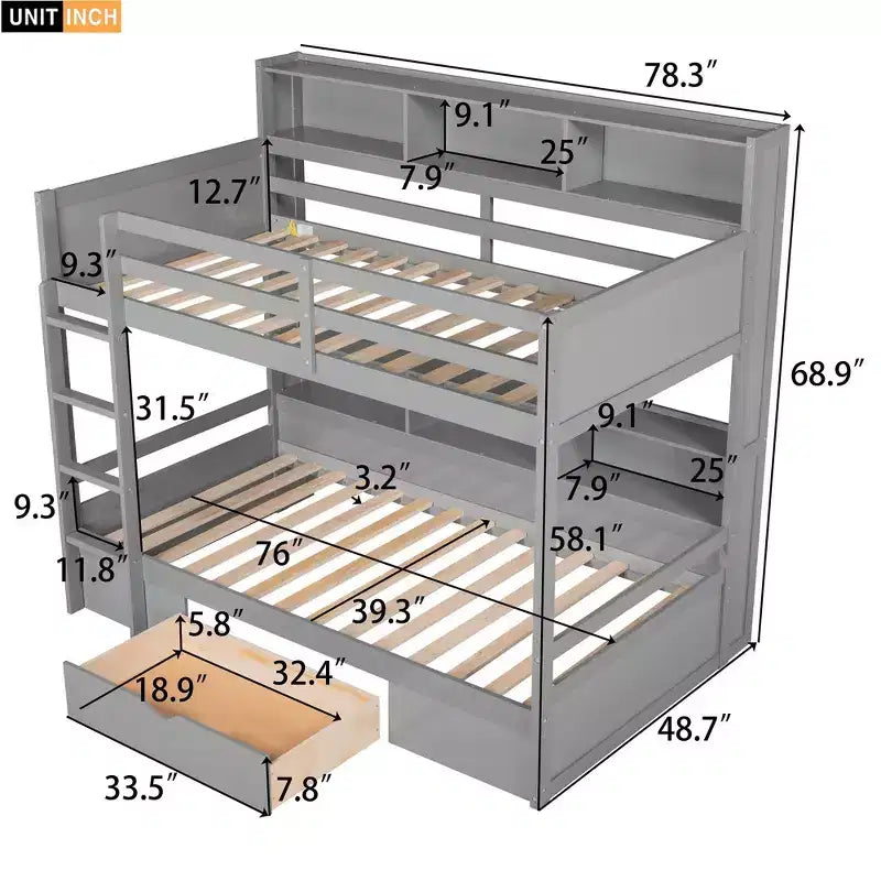 Whisen Twin Size Bunk Bed with Built-in Shelves Beside both Upper and Down Bed and Storage Drawer
