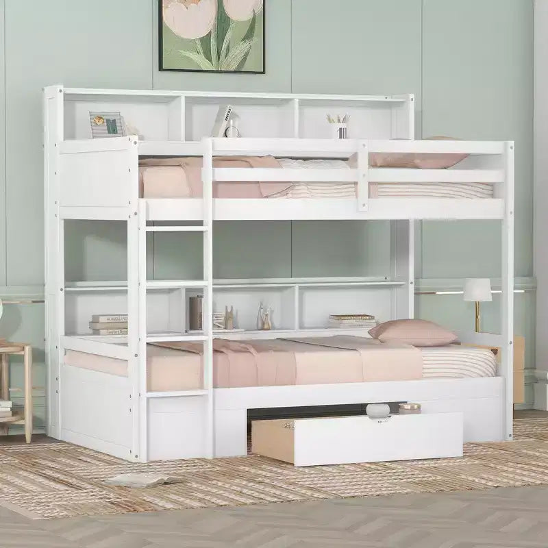 Whisen Twin Size Bunk Bed with Built-in Shelves Beside both Upper and Down Bed and Storage Drawer